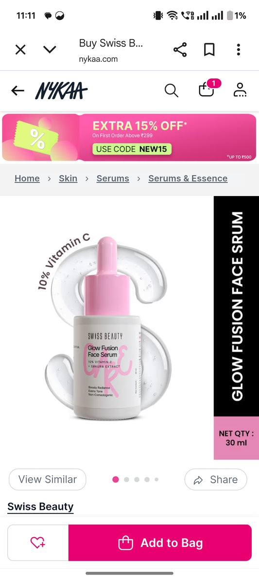 Swiss Beauty Care Glow Fusion Face Serum | Bright & Glowy | 10% Vitamin C & Sakura Extract | Non-Sticky | 30ml