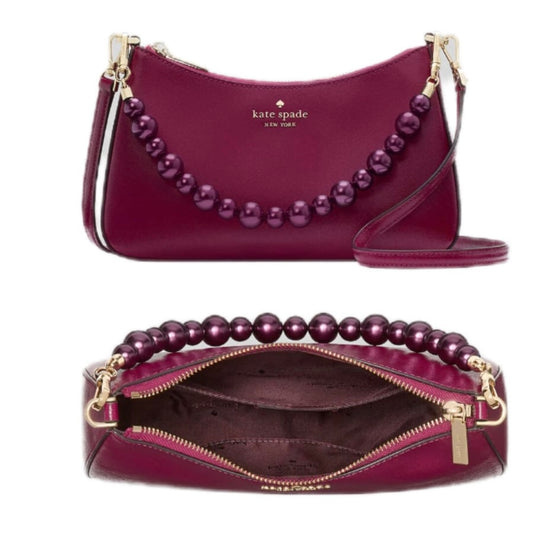 Kate Spade Madison Faux Pearl Medium Convertible Crossbody bag in dark raspberry saffiano leather.