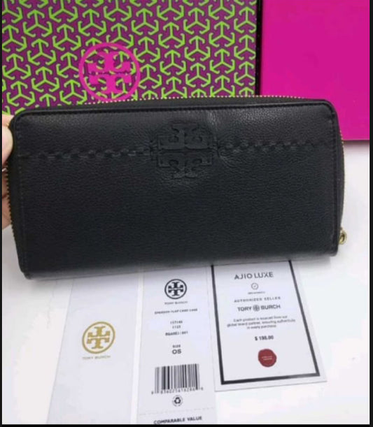 Tory Burch McGraw Zip Continental Wallet in black pebbled leather.