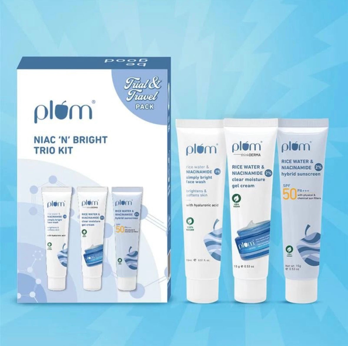 Plum Niacinamide Skincare Trio Mini Kit | Face Wash | Moisturizer | Sunscreen