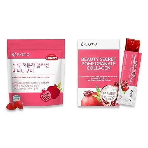 BOTO Pomegranate Collagen Set – Beauty Secret Jelly Sticks & Small Molecule Gummies with Vitamin C and Hyaluronic Acid – Korean Beauty Supplement for Skin & Elasticity – 14 Sticks + 30 Gummies